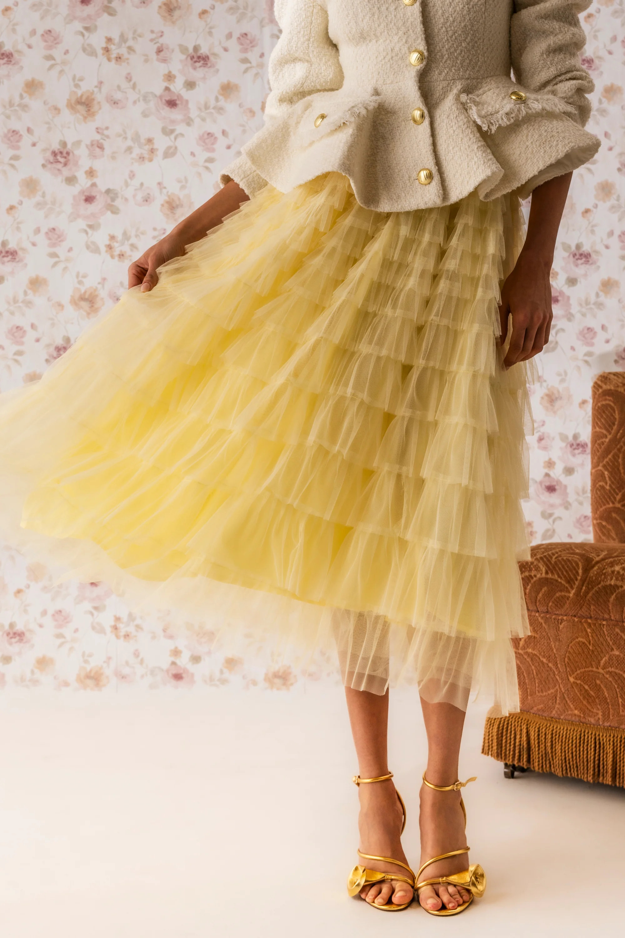 AKIRA Stars Aligned Mesh Ruffle Maxi Skirt In Baby Yellow | Size Small | AKIRA