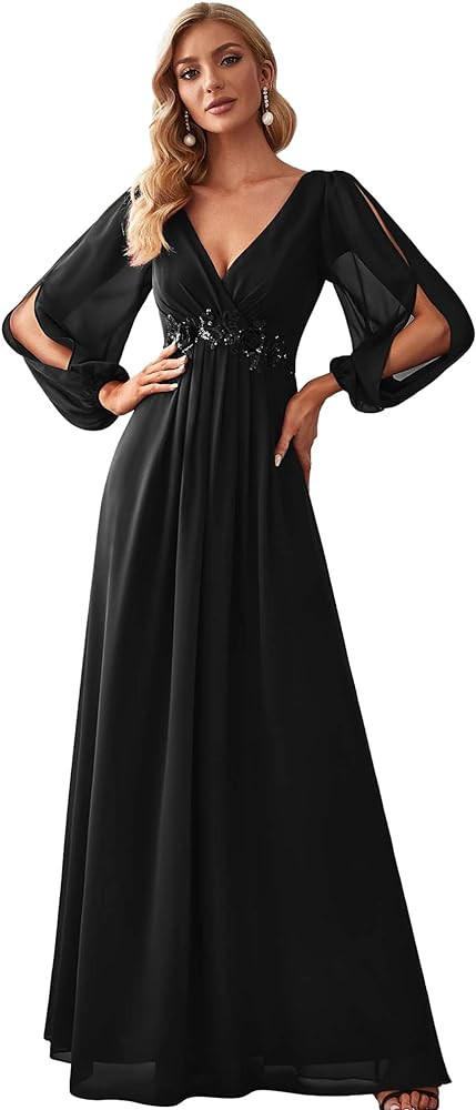 Ever-Pretty Women's Elegant V-Neck Long Sleeve A-line Chiffon Floor Length Mother of The Bride Dr... | Amazon (US)