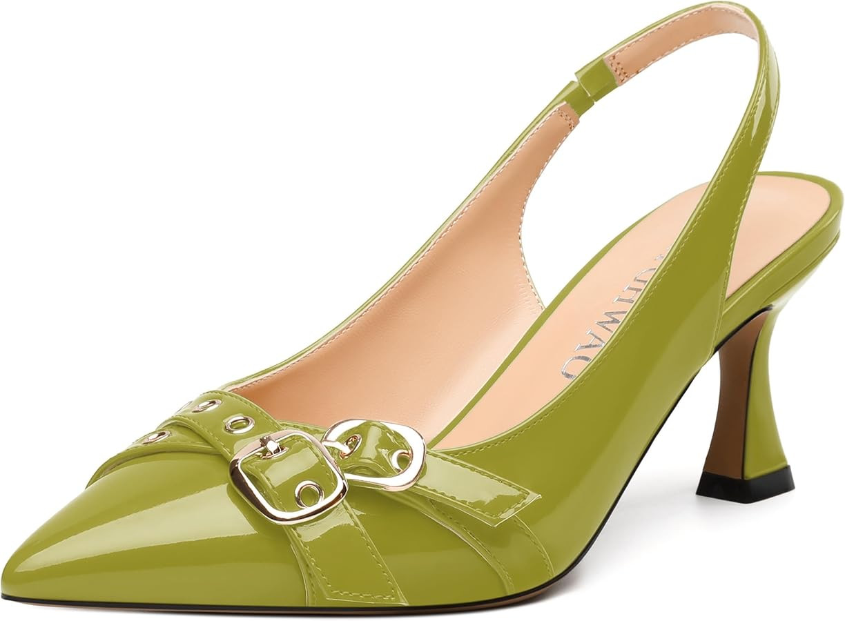 Women's Slingback Pumps, Pointed Toe Buckle Mid Heels, Slip On Fashion Elastic Slingback Stiletto... | Amazon (US)