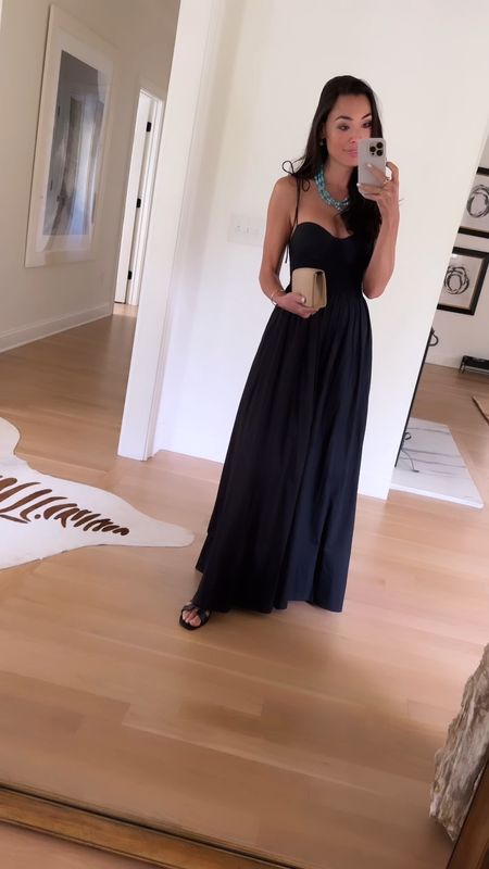 Kat Jamieson wears a black Staud dress, vintage clutch, Hermes Oran sandals and a turquoise necklace from Jennifer Behr x Julia Berolzheimer collection. Turquoise jewelry, date night outfit, summer outfit, summer dress. 

#LTKParties #LTKSeasonal #LTKShoeCrush
