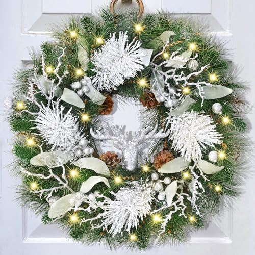 Christmas Wreath Decorations - 20" Christmas Wreaths for Front Door with Lights Silver Christmas Reindeer Berries Pine Cones Pine Needles Wreath for Home Wall Yard Window Porch Indoor Outdoor Decor | Amazon (US)