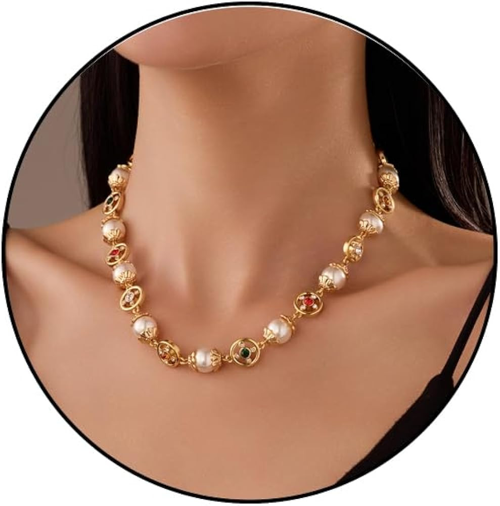 Gold Faux Pearl Necklaces for Women Dainty Choker Crystal-Encrusted Palace Style Statement Bride ... | Amazon (US)
