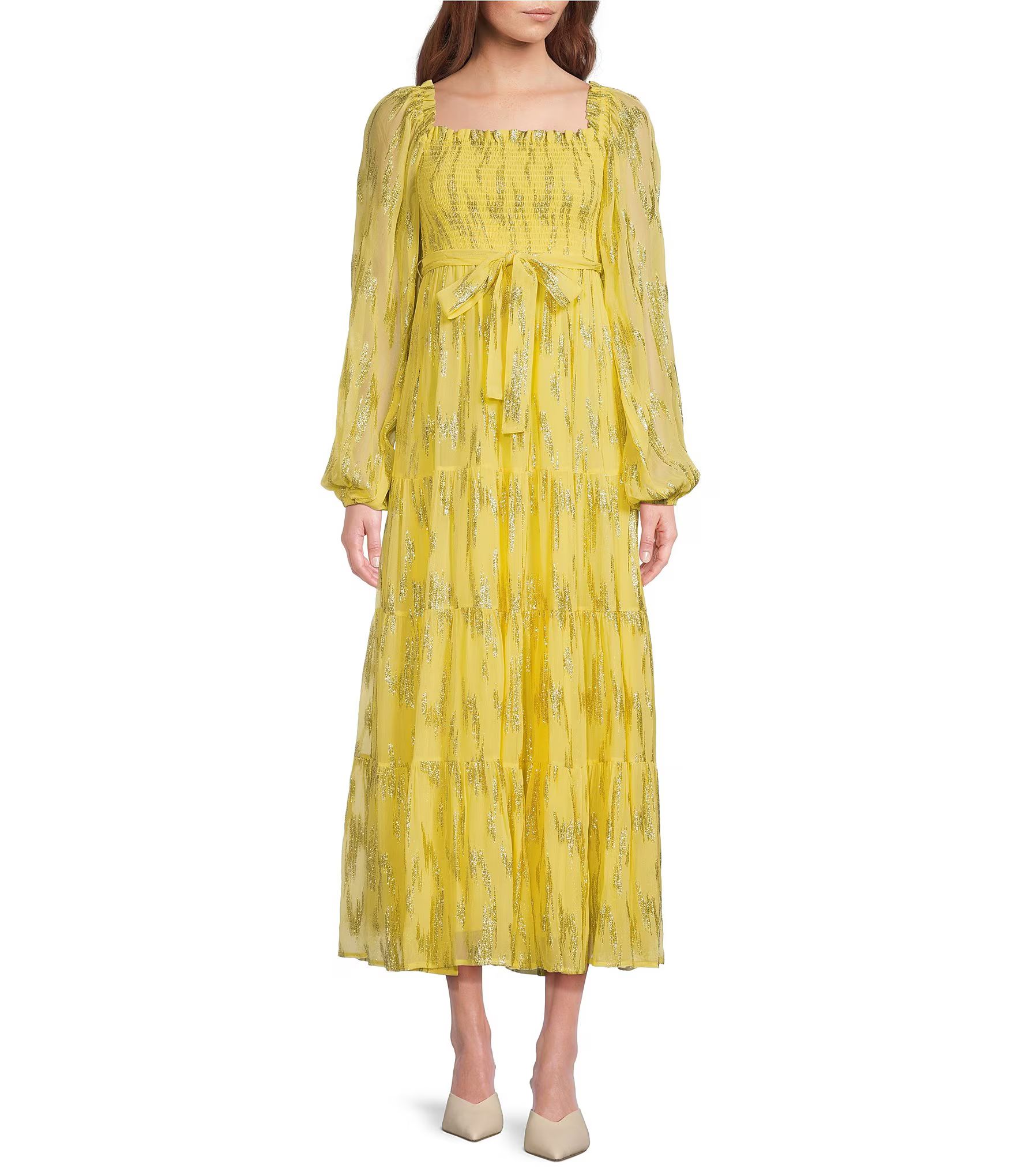 Lurex Metallic Print Square Neck Long Sleeve Self Tie Smocked Bodice Tiered Maxi Dress | Dillard's