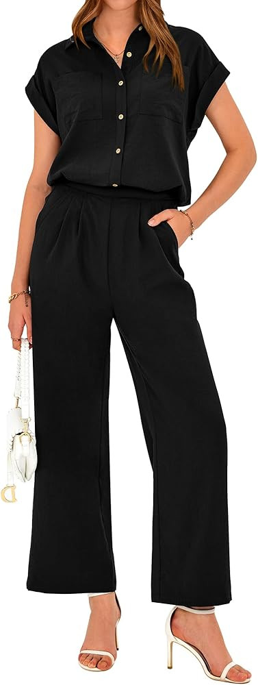 PRETTYGARDEN Women's Summer 2 Piece Outfits Casual Tracksuit Short Sleeve Button Down Shirts Long... | Amazon (US)