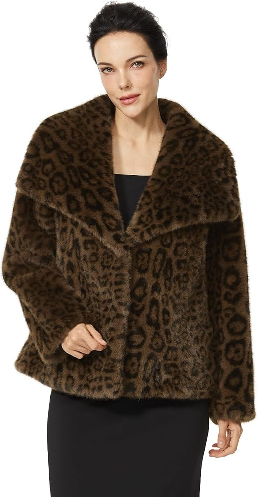 Women Cropped Faux Fur Leopard Coat with Pockets Lapel Shaggy Furry Winter Jacket Long Sleeve Ope... | Amazon (US)