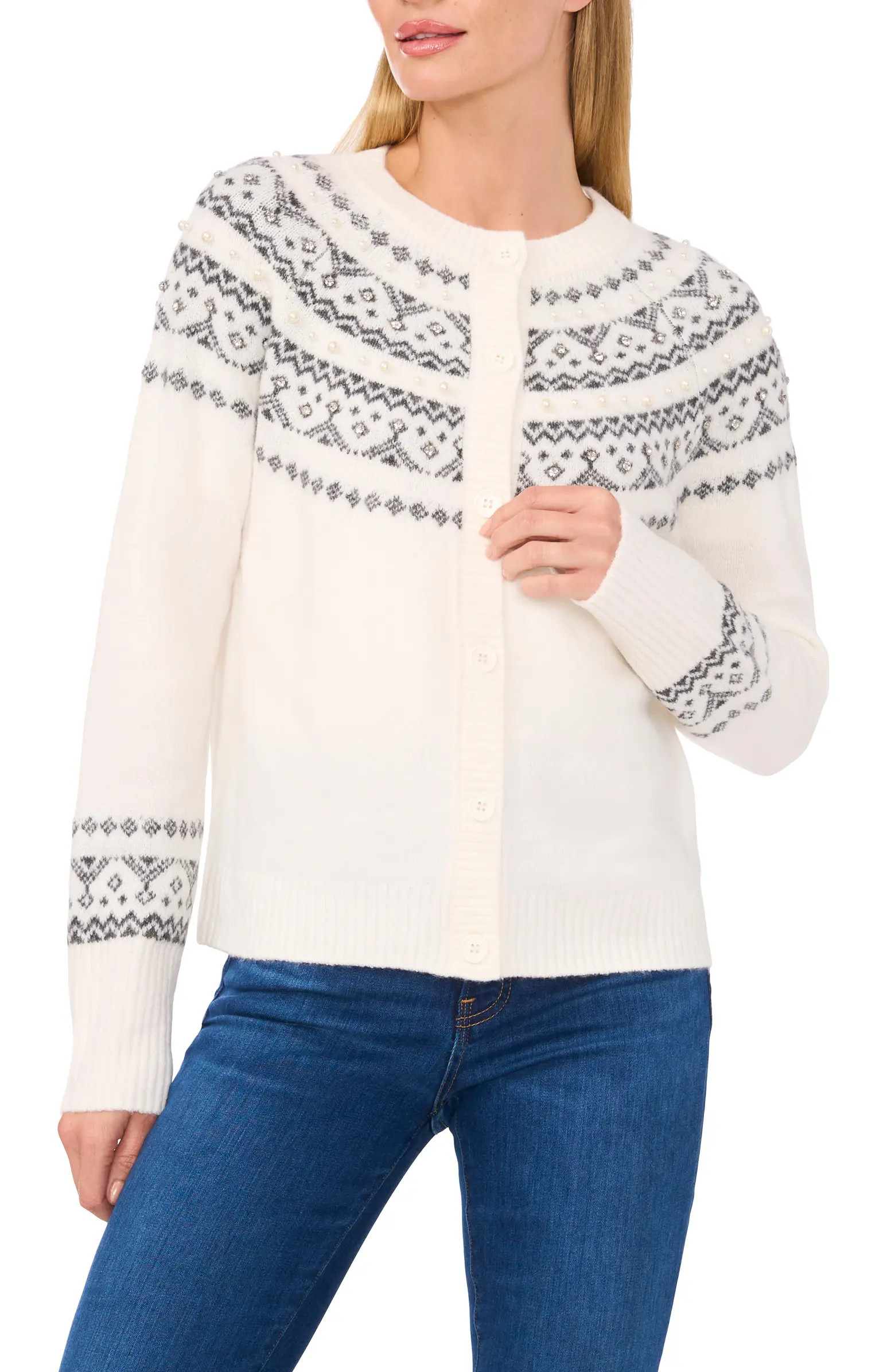 CeCe Imitation Pearl & Crystal Detail Fair Isle Cardigan Sweater | Nordstrom | Nordstrom