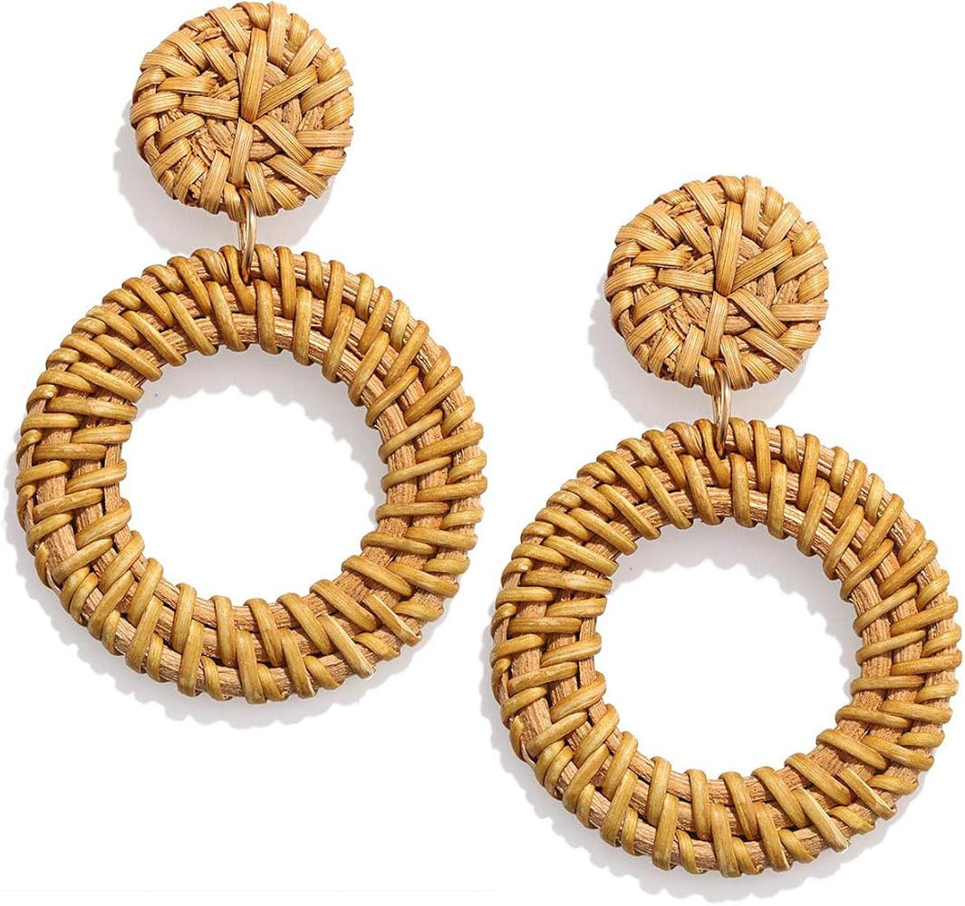 CEALXHENY Wicker Earrings Lightweight Woven Rattan Earrings Bohemia Handmade Straw Braided Drop Dangle Earrings for Women Girls | Amazon (US)
