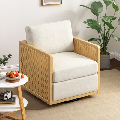 Vipbear Rattan Accent Swivel Chair,Modern Fabric Arm Chair Sofas,Upholstered Barrel Curved Chair with Meatl Base & Rattan Handrail | Target