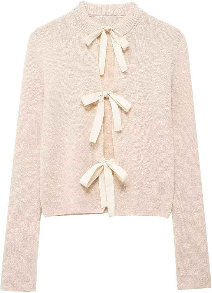 Women Long Sleeve Bow Tie Front Cardigan Sweater Open Front Knit Pullover Tops Casual 2024 Fall W... | Amazon (US)