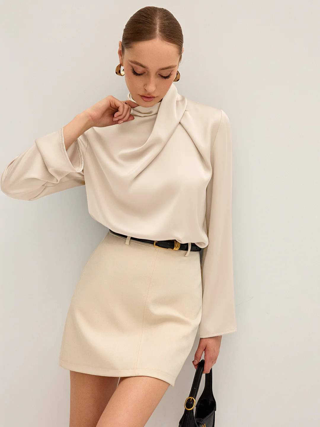 Satin Draped High Neck Blouse | Commense