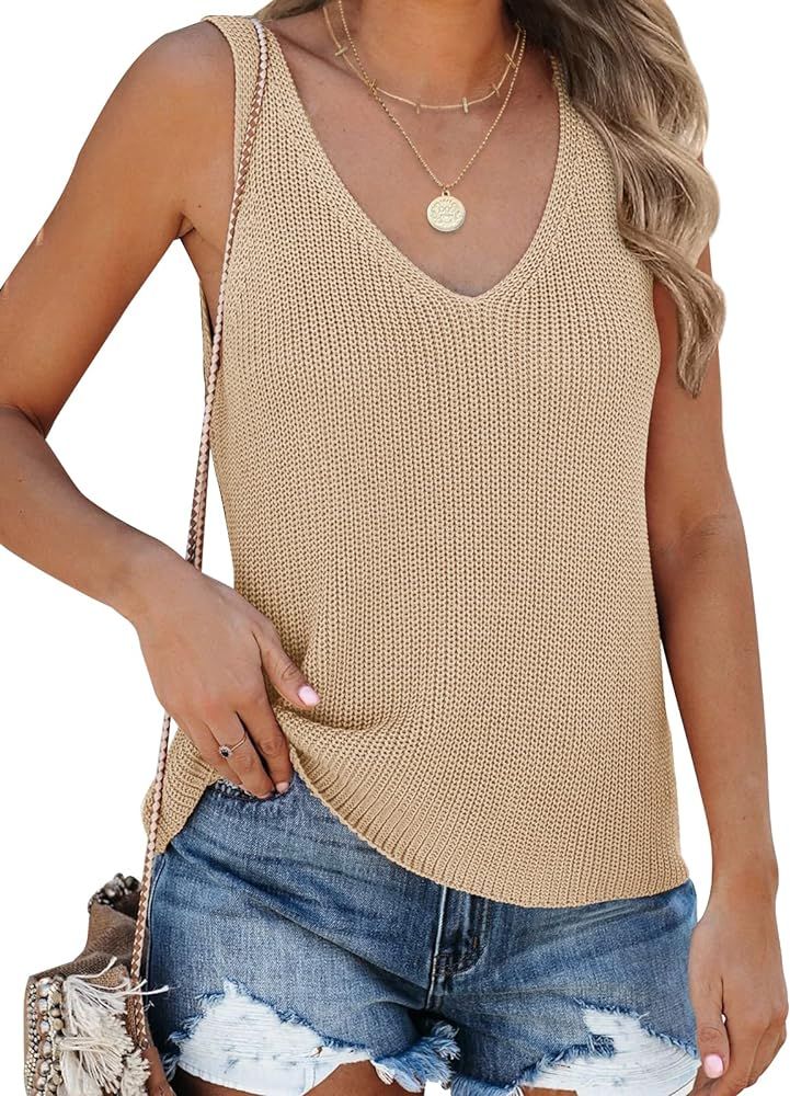 Tutorutor Womens Summer Sleeveless V Neck Sweater Vest Fall Knitted Loose Cami Tank Tops | Amazon (US)
