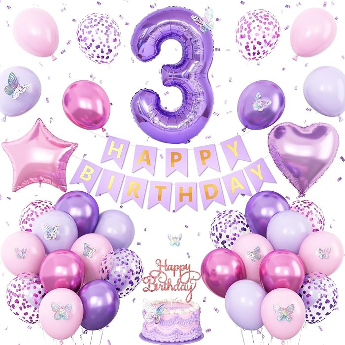 3rd Birthday Decoration for Girls,Pink Purple 3rd Birthday Balloon Number 3 Balloon with Butterfl... | Amazon (US)