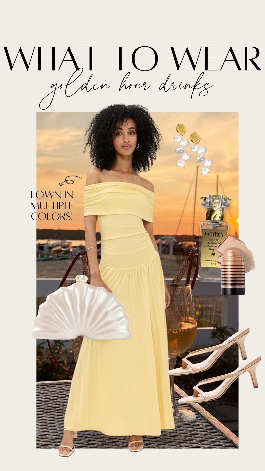 What to Wear: Golden Hour Drinks 

Butter yellow maxi dress. White acrylic hard shell evening clutch. Pearl drop earrings. East coast summer. Wedding guest. Black tie wedding. Preppy outfit. 

 

#LTKSaleAlert #LTKFindsUnder50 #LTKTravel