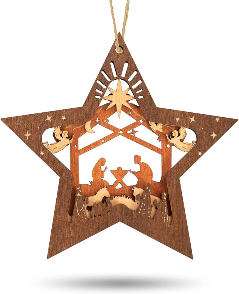 Creawoo Nativity Scene Ornaments, Christmas Wooden Hanging Ornament Star Shaped Nativity Scene Ke... | Amazon (US)