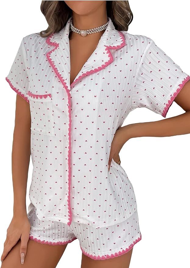 Verdusa Women's 2 Piece Button Front Short Sleeve Top and Short Sleepwear Pajama Sets | Amazon (US)