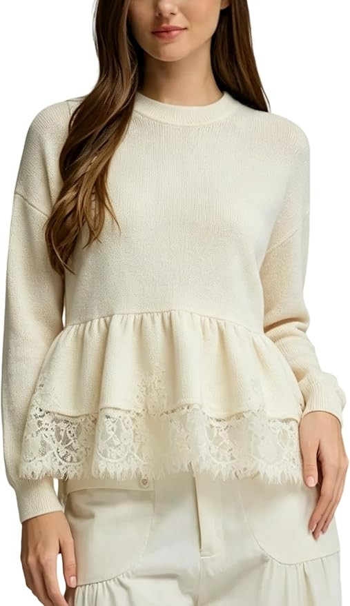 Womens Lace Hem Peplum Knit Sweater Crewneck Babydoll Pullover | Amazon (US)