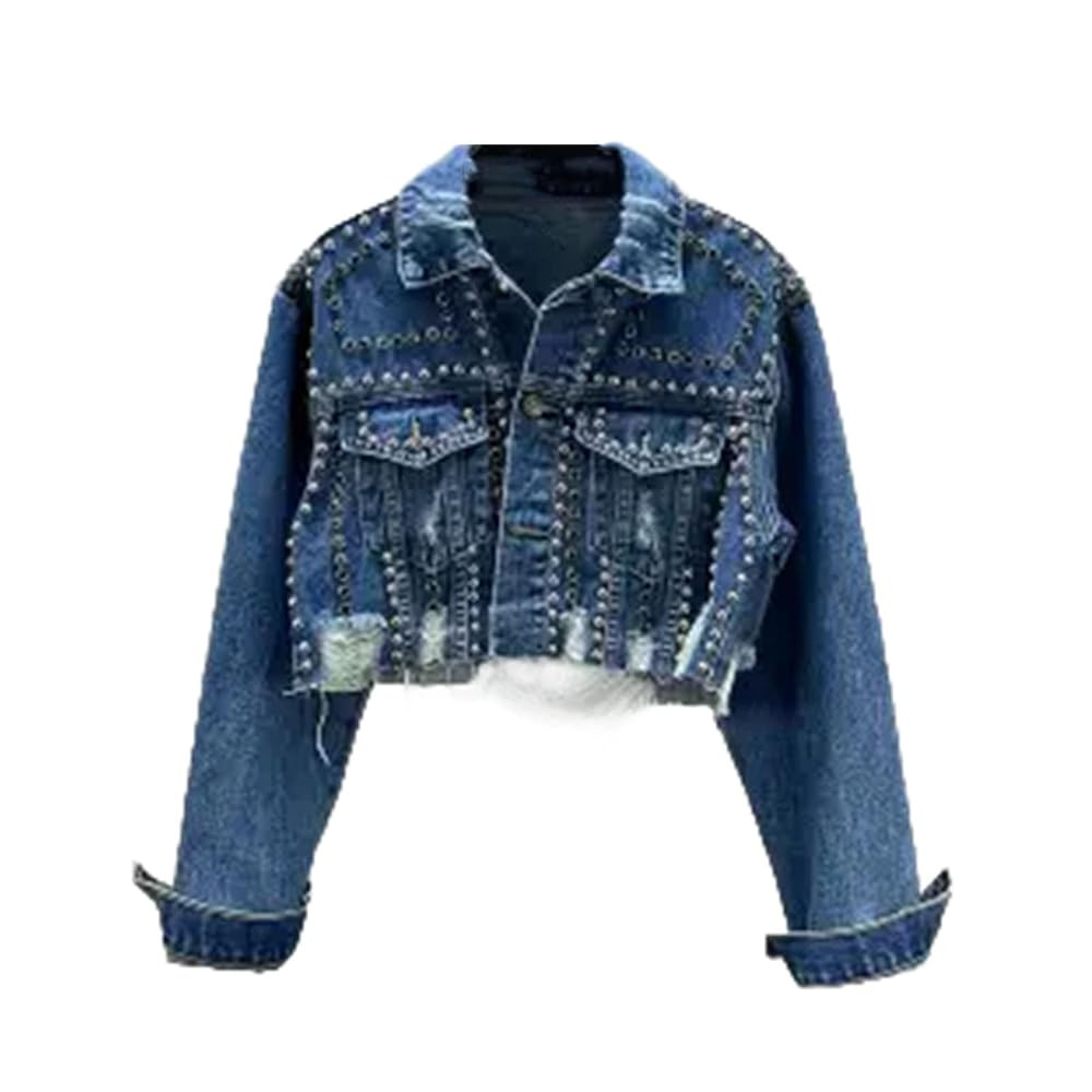 Women Single Breasted Loose Lapel Hole Jeans Coat Rivet Diamond Decoration Short Cowboy Outwear | Amazon (US)