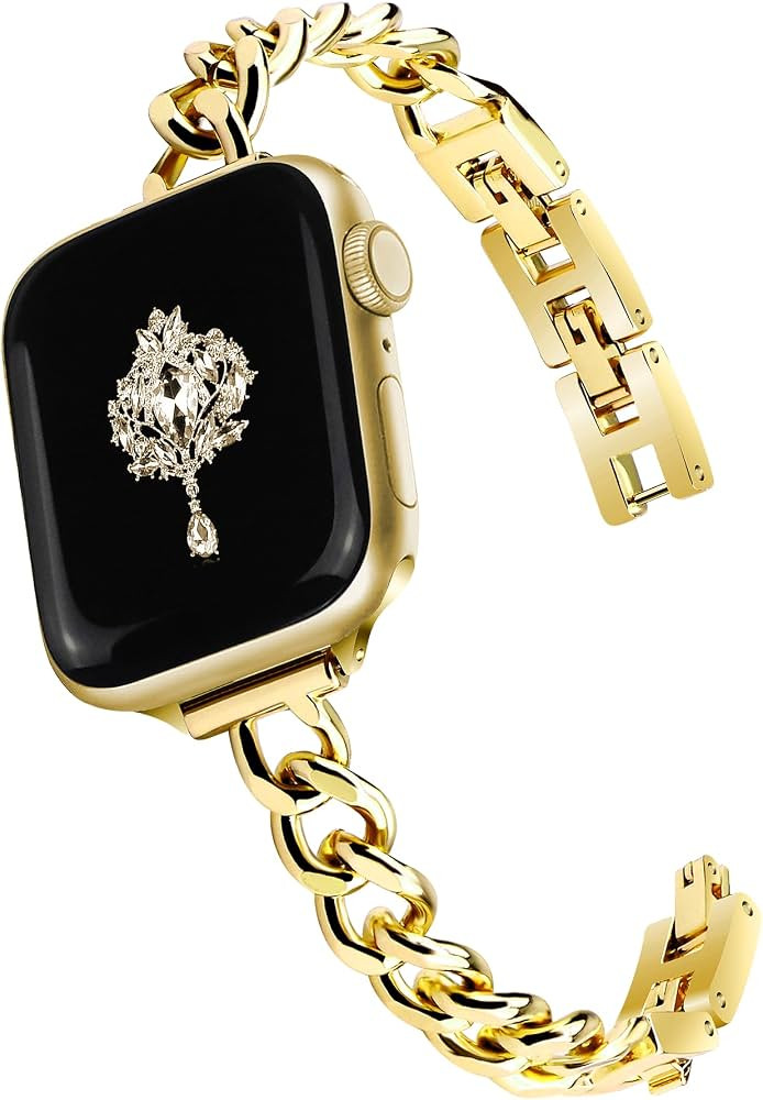 Slim Gold Band Women Feminine Elegant Compatible with Apple Watch 42mm 44mm 45mm 46mm 49mm Adjust... | Amazon (US)