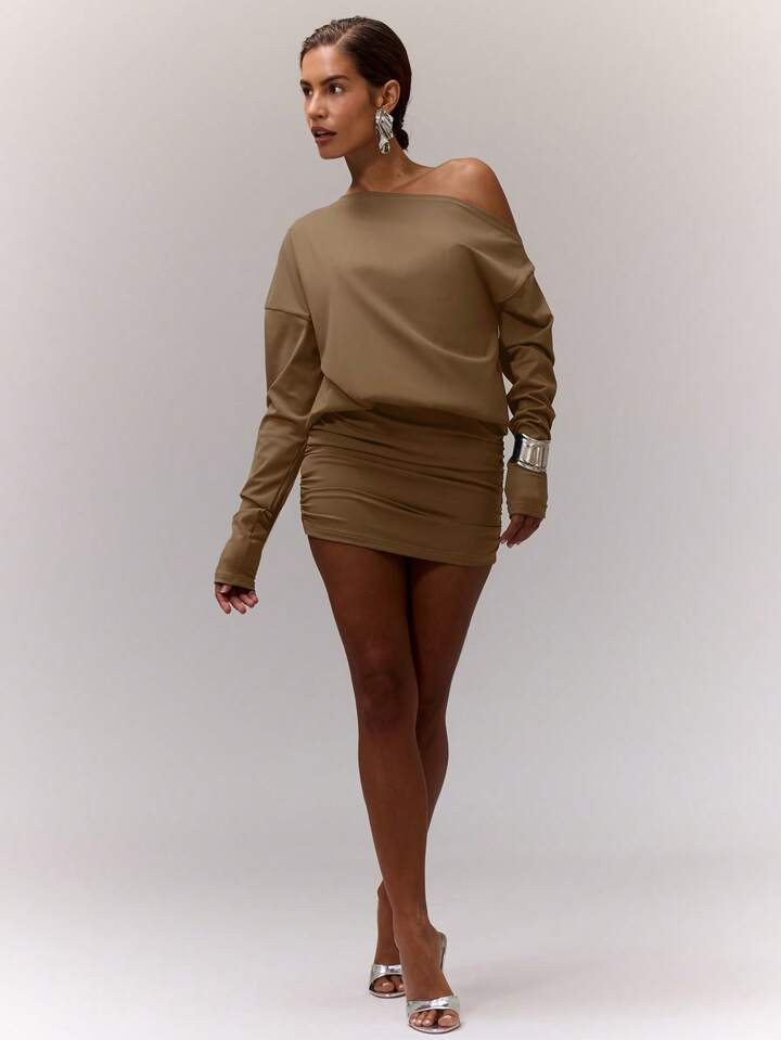 MUSERA Asymmetrical Neck Ruched Bodycon Dress Spring Sexy Cute Party | SHEIN