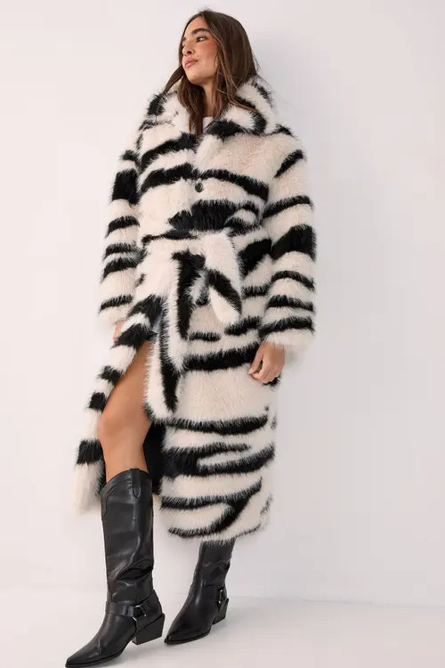 NASTY GAL Faux Fur Collared Longline Coat in Mono at Nordstrom, Size 0 | Nordstrom