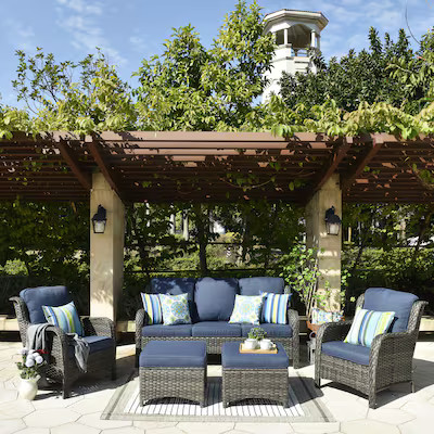 Ovios 5-Piece Rattan Patio Conversation Set with Blue Cushions | Lowe's
