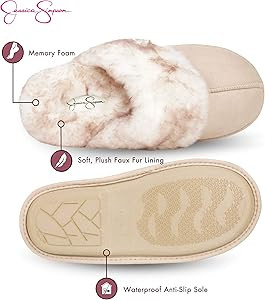 Jessica Simpson Women's Comfy Faux Fur House Slipper Scuff Memory Foam Slip on Anti-Skid Sole | Amazon (US)