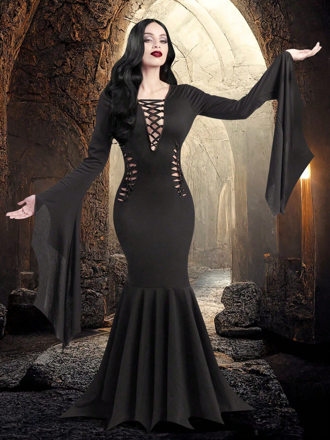 SYNCFUN Halloween Costume Women Morticia Addam Dress, Black Gothic Vintage Dress Costume For Hall... | SHEIN