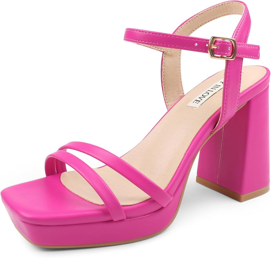 JOY IN LOVE Platform Heels for Women 3.5 Inch Chunky Block Heel Ankle Strap Sandals | Amazon (US)