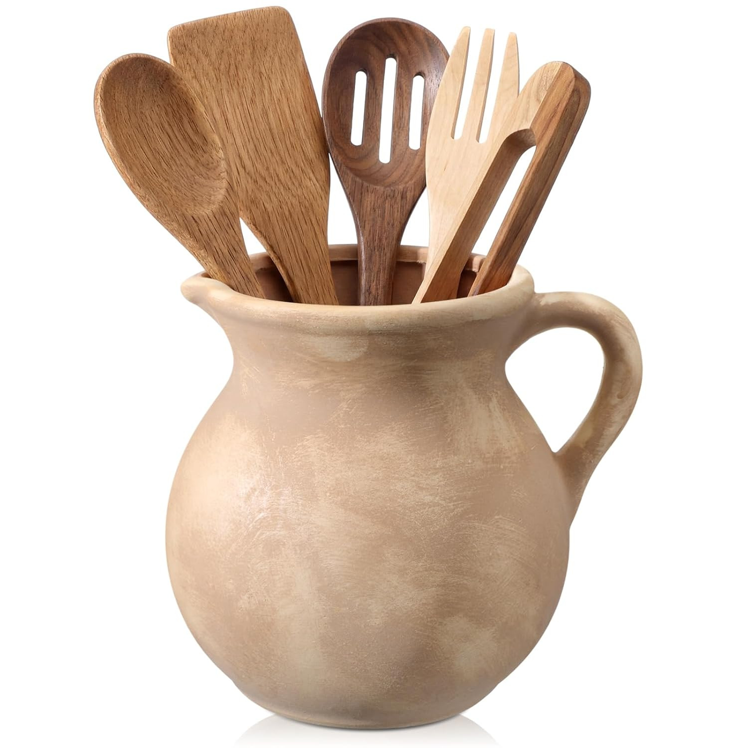 Potchen Rustic Kitchen Utensil Holder with Handle,7.48" H Ceramic Vintage Utensil Crock for Count... | Amazon (US)