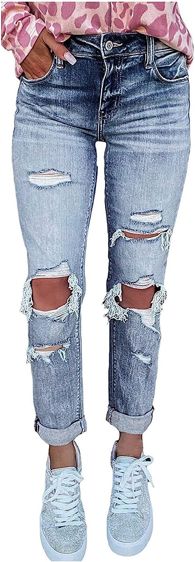 Womens Ripped Boyfriend Jeans Washed Distressed Mid Waist Stretch Skinny Denim Pants Vintage Slim... | Amazon (US)