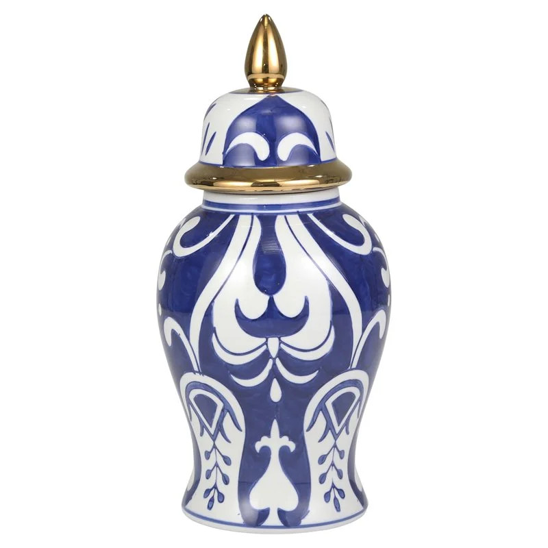 Benjara 7.5" Urn Shaped Modern Ceramic Jar with Lid and Gold Accent in Blue | Walmart (US)