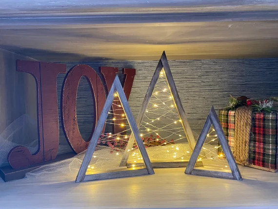 Set of 3 Framed Farmhouse Christmas Trees With Fairy Lights - Etsy | Etsy (US)