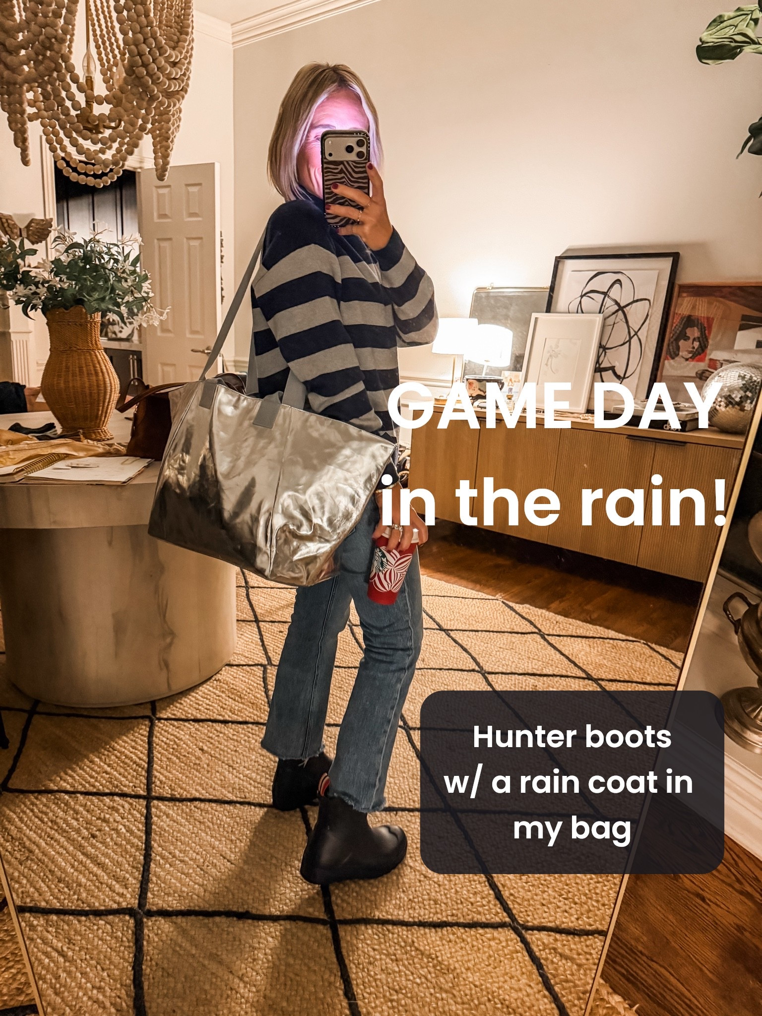 Tailgate in the rain!
Perfect excuse to wear my Hunter rain boots!  Do your bigger size and add socks!
Grabbed my metallic bag by Quilted Koala for some extra essentials!