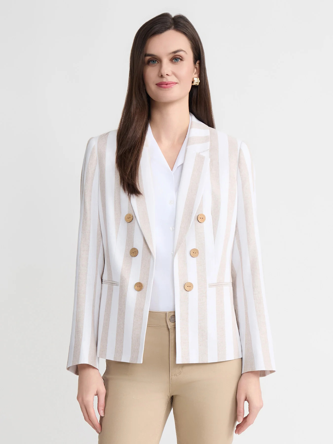 Faux Double Breasted Jacket, Linen Stripe | Jones New York