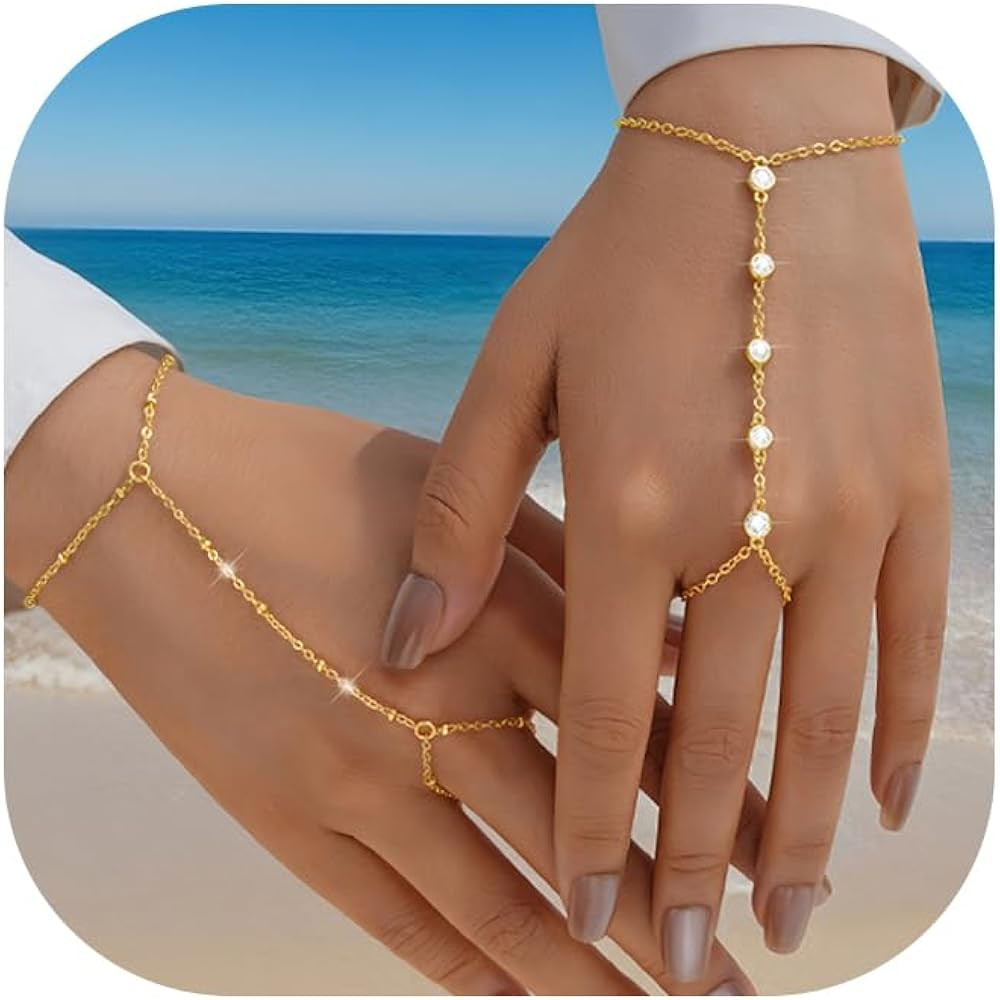 YEEZII Gold Hand Chain Bracelets for Women, 2 Pcs 14k Gold Plated Cubic Zirconia Link Chain Brace... | Amazon (US)