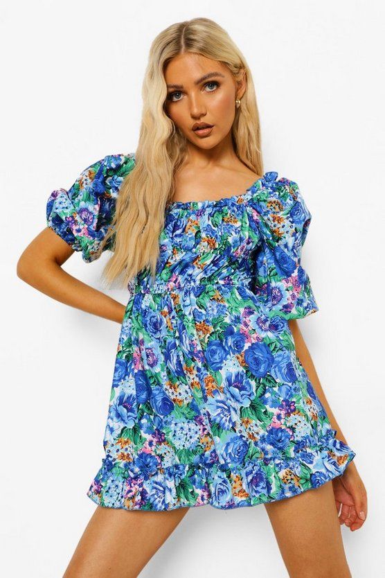 Floral Print Puff Sleeve Ruched Playsuit | Boohoo.com (US & CA)