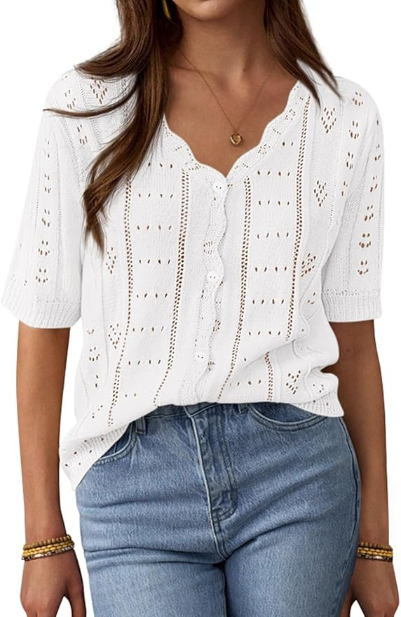 PRETTYGARDEN Womens Short Sleeve Crochet Knit Sweater Spring Fashion 2026 Button Down Lightweight... | Amazon (US)