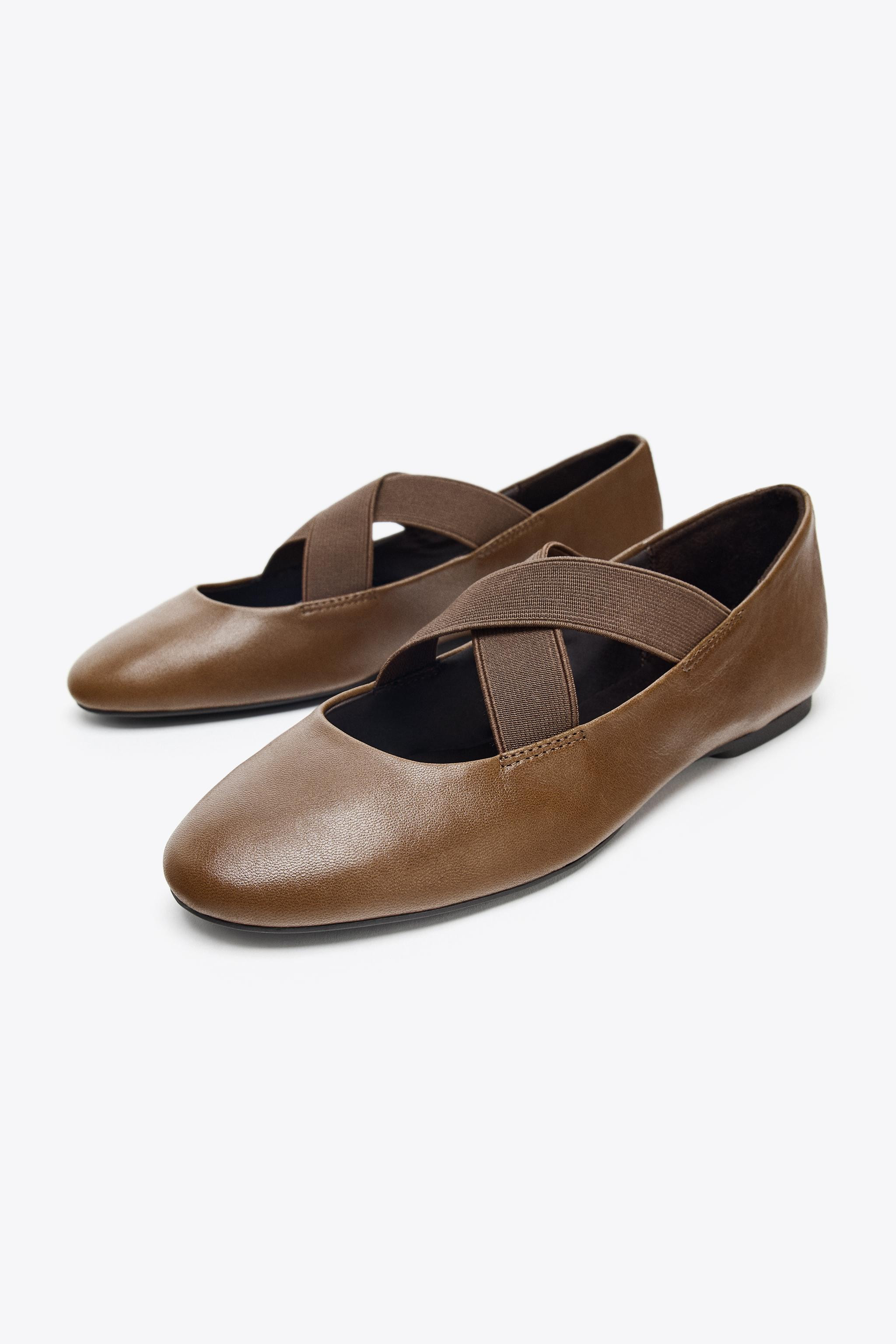 LEATHER BALLET FLATS WITH ELASTIC STRAPS | Zara US