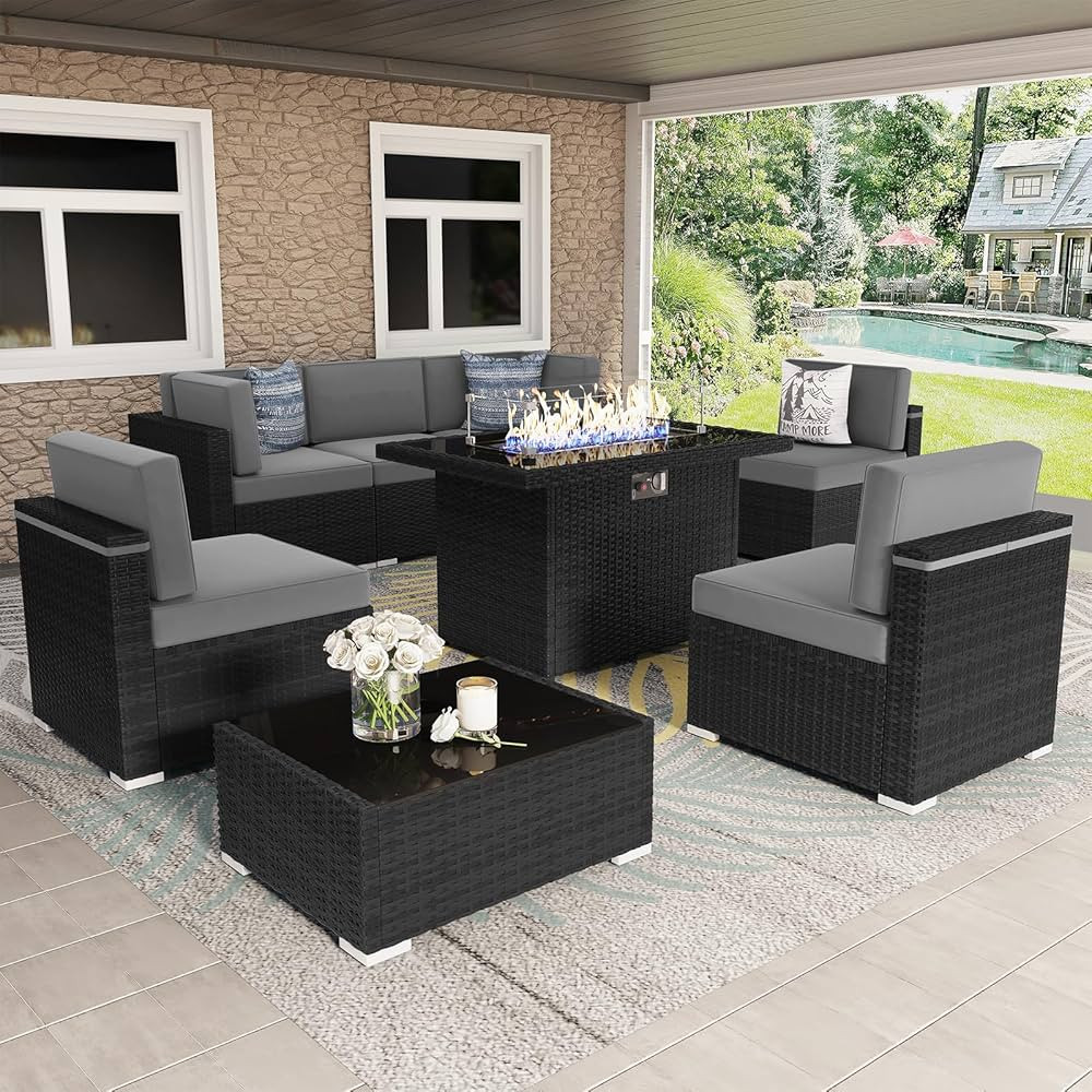 8 Pieces Patio Furniture Set with 44" Propane Gas Fire Pit Table, Outdoor Sectional Wicker Conver... | Amazon (US)