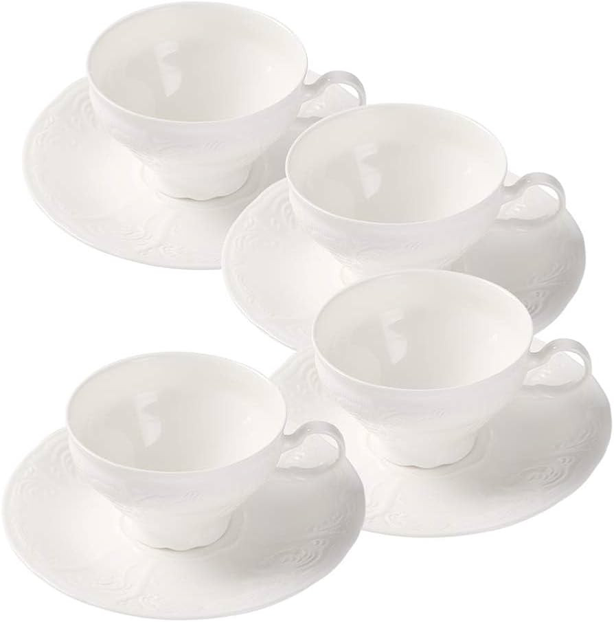 White Fine Porcelain 7 Oz Teacup Saucer Set, Sculpture Surface, Light Weight, Set of Four | Amazon (US)