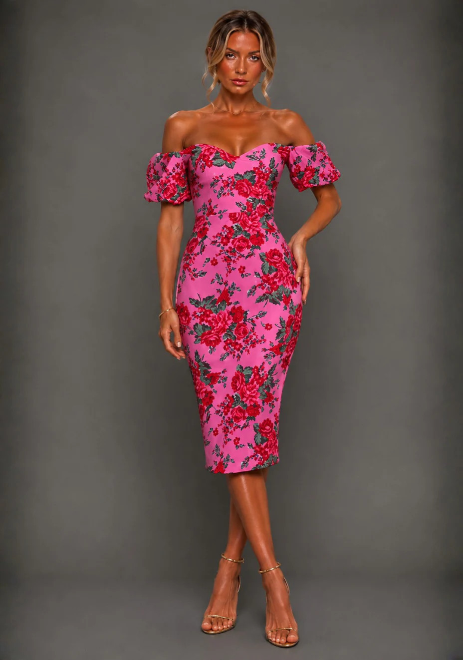 Anastasia | Bardot Puff Sleeve Pink Floral Midi Dress | VSPR UK