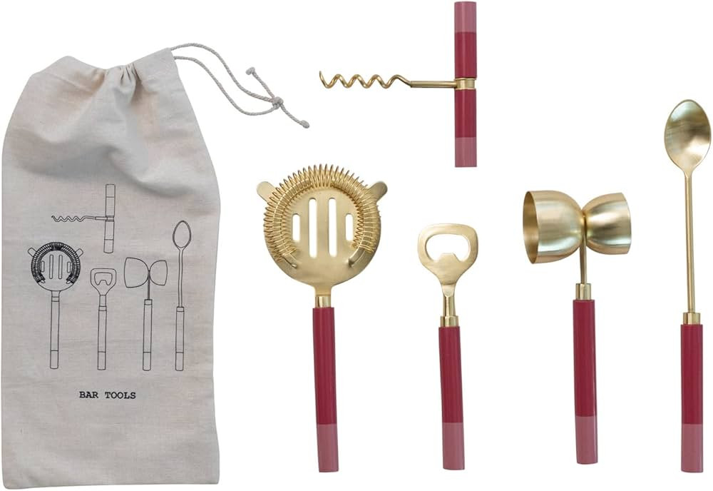 Creative Co-Op Stainless Steel 2-Tone Resin Handles in Drawstring Bag, Gold Finish Bar Tools, Pin... | Amazon (US)