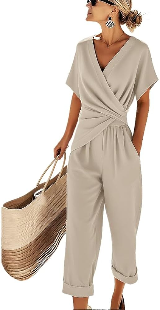 Womens 2 Piece Sets Outfits 2026 V Neck Twist Waist Short Sleeve Tops Cropped Pants With Pocket C... | Amazon (US)