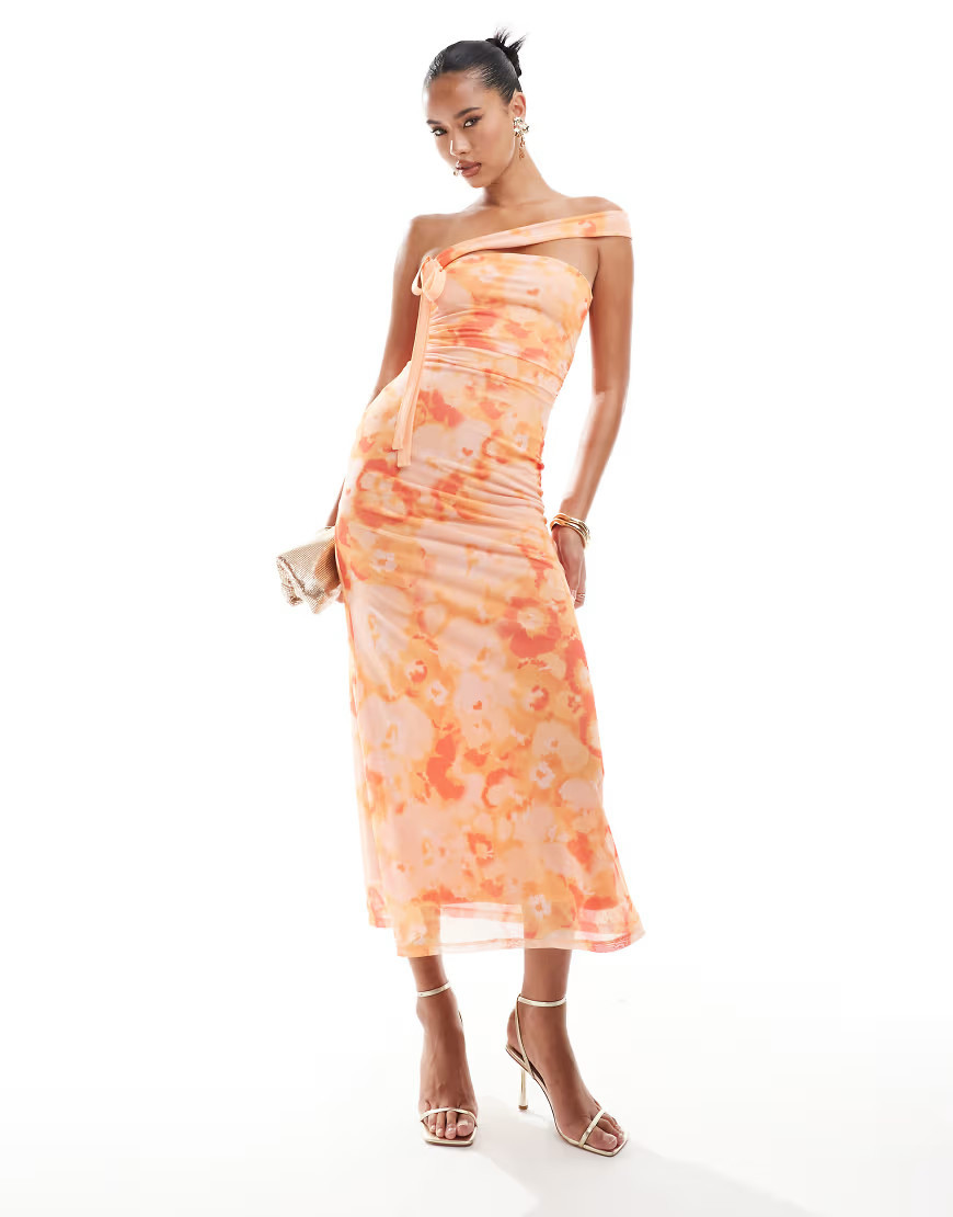 ASOS DESIGN mesh asymmetric strap detail bandeau midi dress in orange floral print-Multi | ASOS (Global)