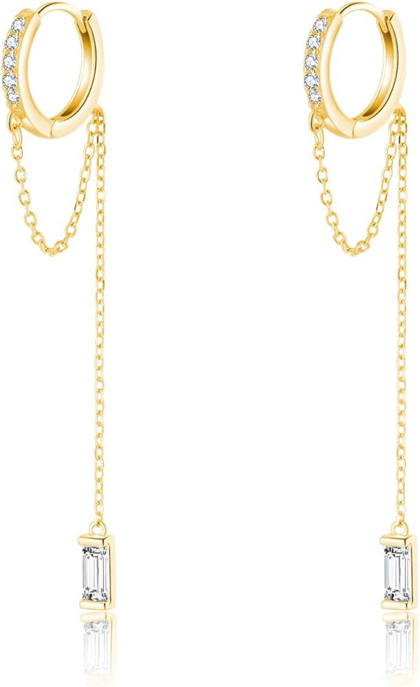 Reffeer 925 Sterling Silver CZ Chain Hoop Earrings Dangle for Women Teens Dangle Earrings Chain D... | Amazon (US)