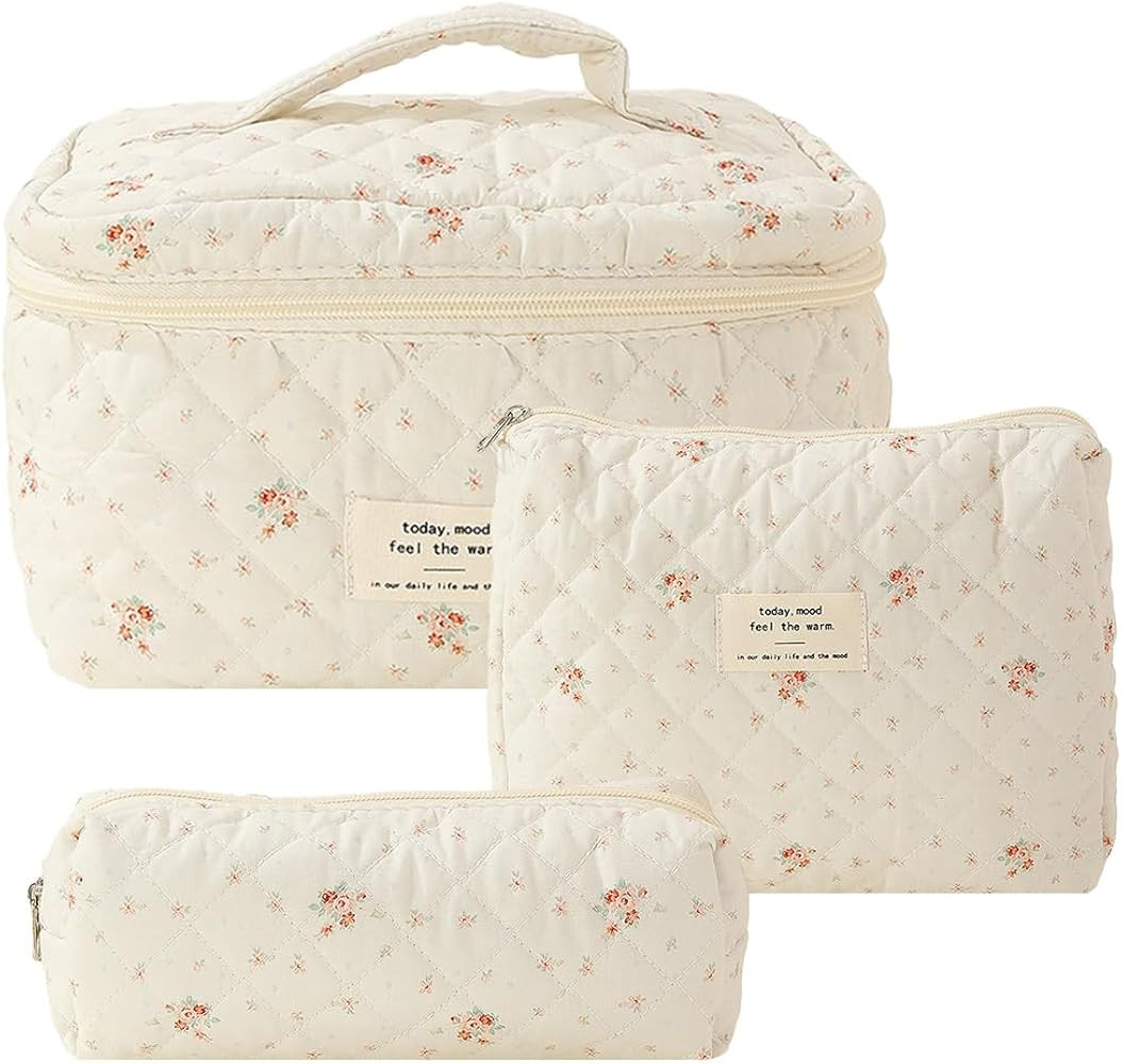 Lushandy 3 Pcs Floral Makeup Bag Quilted Cotton Cosmetic Bag Set for Women Cute Coquette Aestheti... | Amazon (UK)