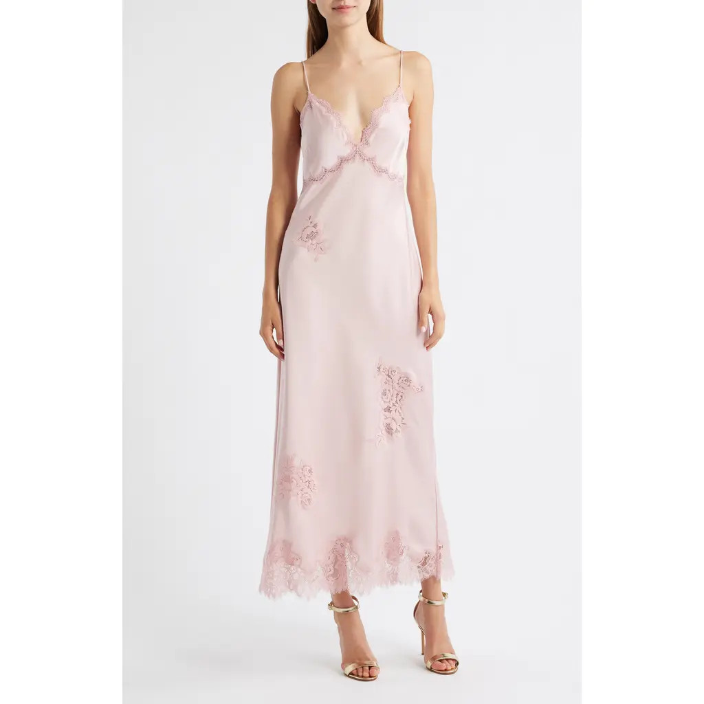 LoveShackFancy Sorone Lace Trim Satin Maxi Slipdress in Quartz at Nordstrom, Size Medium | Nordstrom