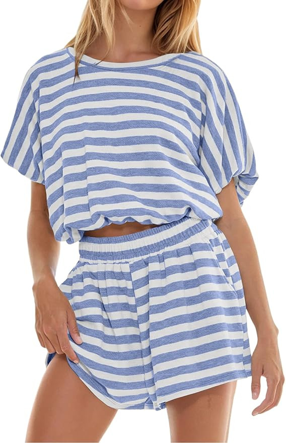 2 Piece Sets Women Striped Tee Shirt Shorts Set Short Sleeve Loose Fit Shirt Elastic Waist Shorts... | Amazon (US)