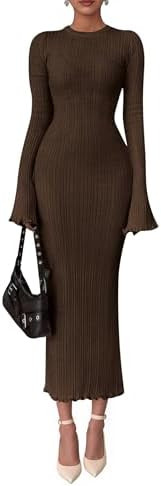 PRETTYGARDEN Sweater Dresses for Women 2025 Fall Bell Long Sleeve Crew Neck Bodycon Maxi Dress Wi... | Amazon (US)