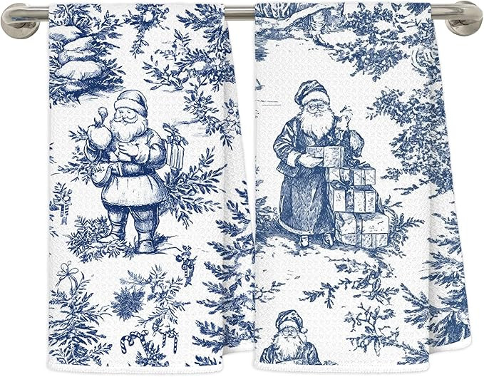 Blue and White Chinoiserie Christmas Santa Kitchen Dish Towels, Grandmillennial Holiday Xmas Tree... | Amazon (US)